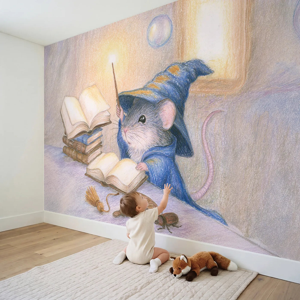 Child in nursery with The Little Wizard's First Spell Wallpaper Mural by Whimsy Tots