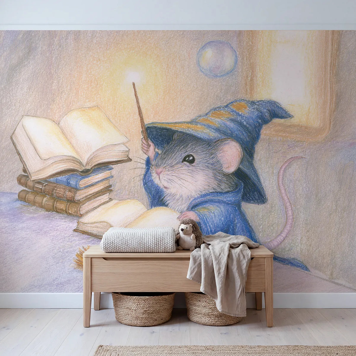 The Little Wizard's First Spell Wallpaper Mural in playroom setting by Whimsy Tots