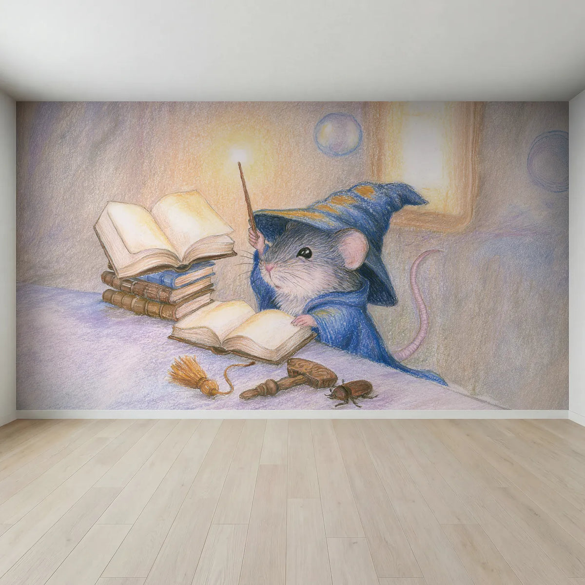 Full view of The Little Wizard's First Spell Wallpaper Mural by Whimsy Tots
