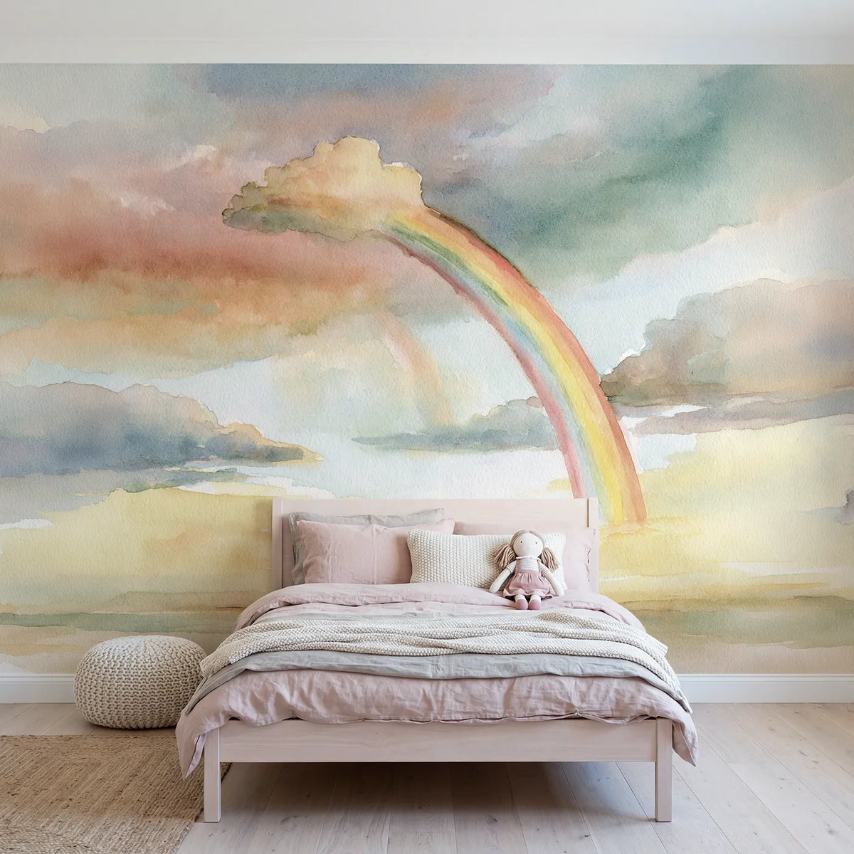 Watercolor wall mural of a rainbow and cloud study by Whimsy Tots
