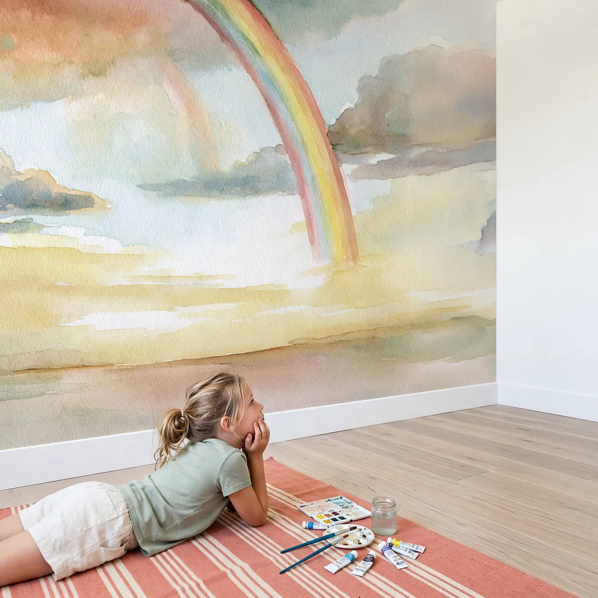Child in nursery with Rainbow Cloud Study Wallpaper Mural by Whimsy Tots