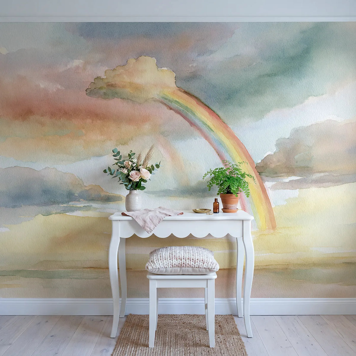 Rainbow Cloud Study Wallpaper Mural in playroom setting by Whimsy Tots