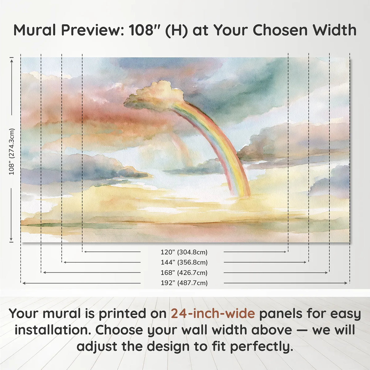 Panel layout and dimensions for Rainbow Cloud Study Wallpaper Mural by Whimsy Tots