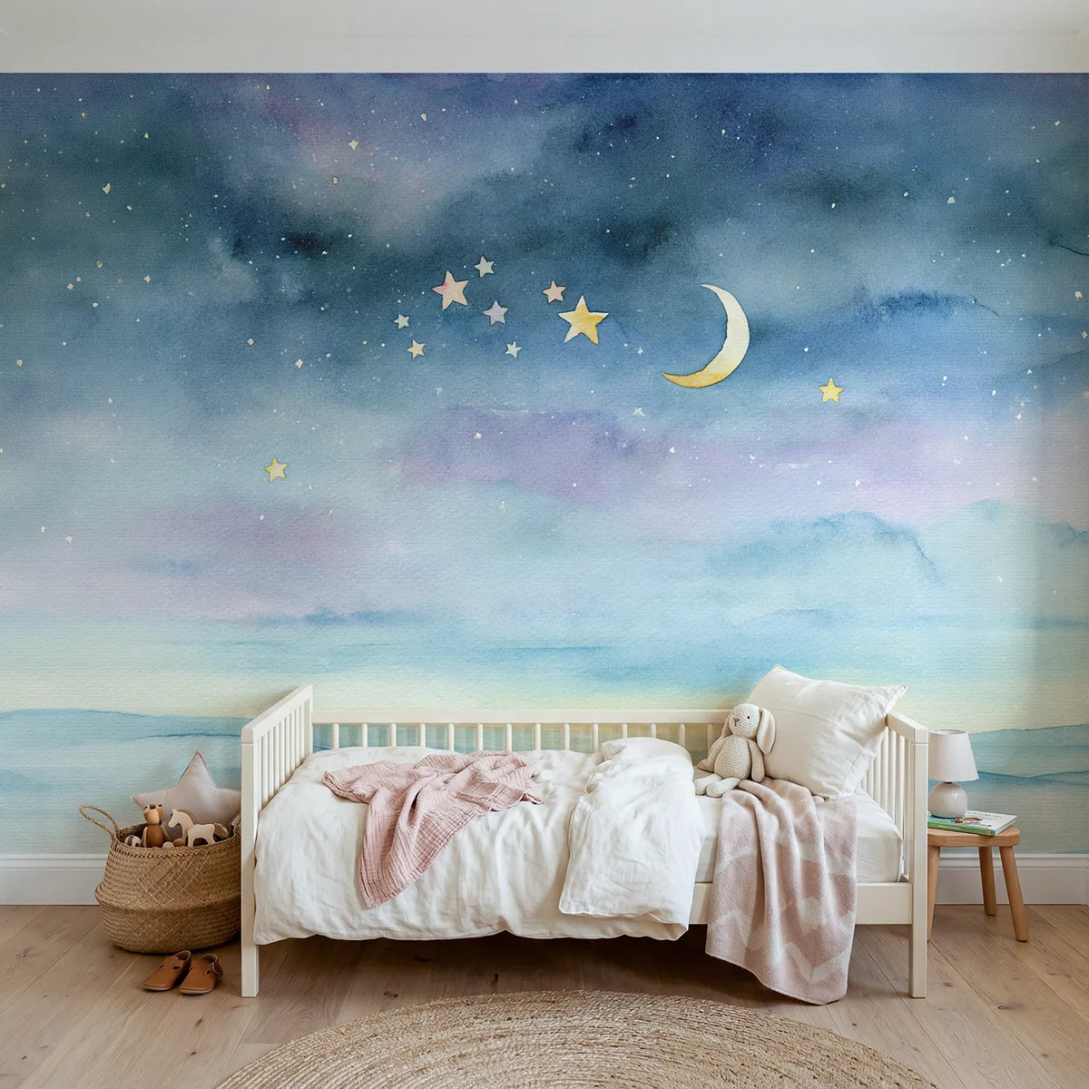 Watercolor wall mural of a soft star cluster study by Whimsy Tots