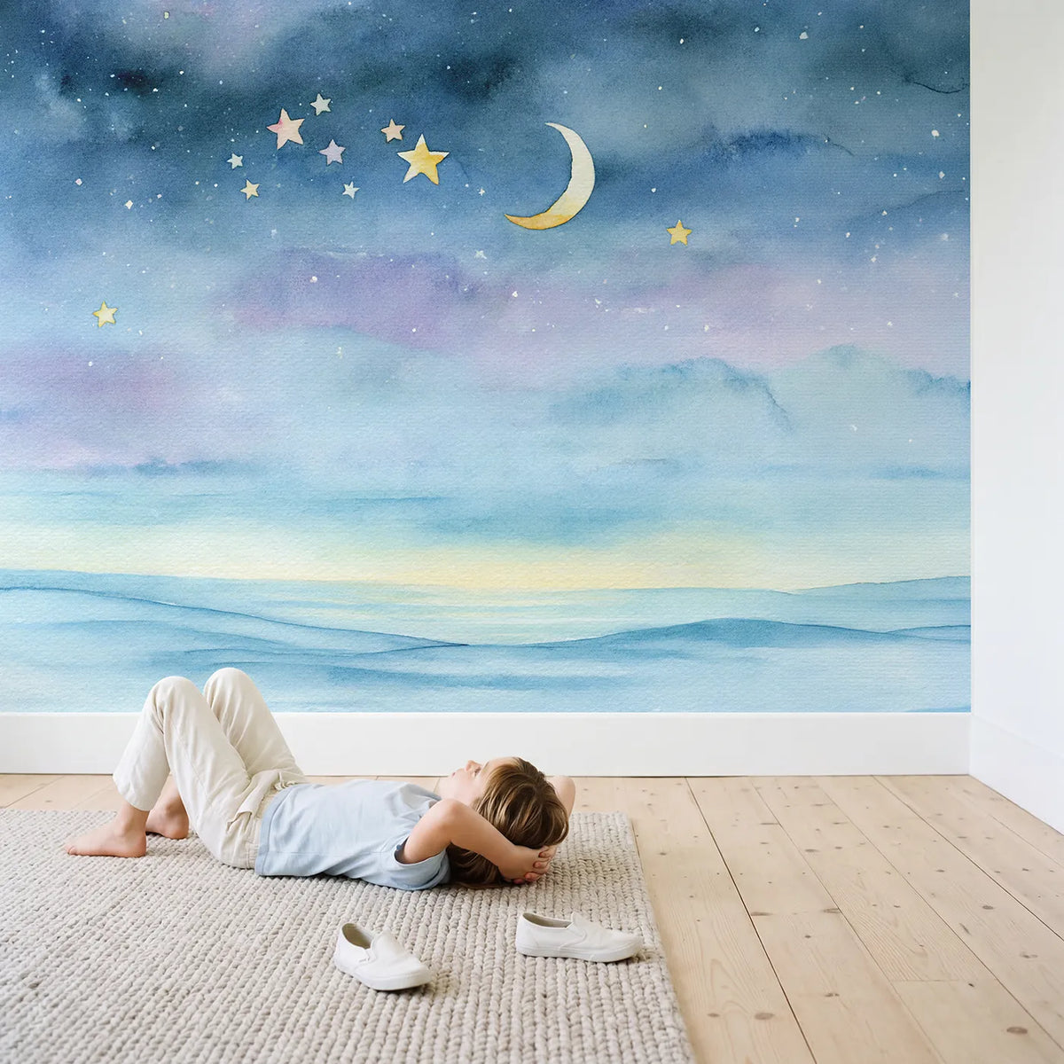 Child in nursery with Soft Star Study Wallpaper Mural by Whimsy Tots