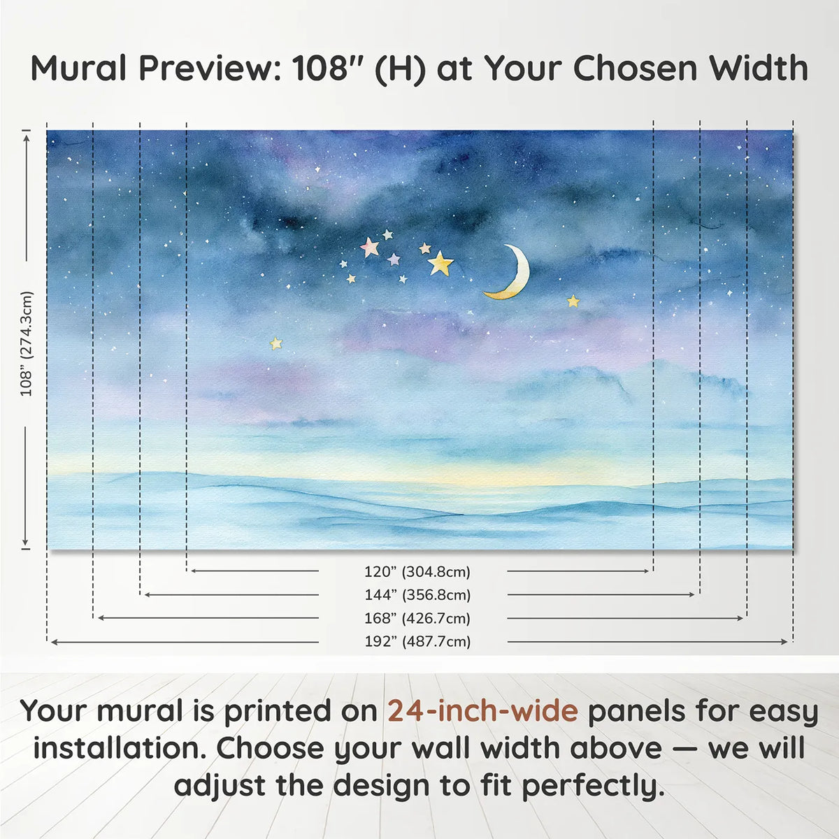 Panel layout and dimensions for Soft Star Study Wallpaper Mural by Whimsy Tots