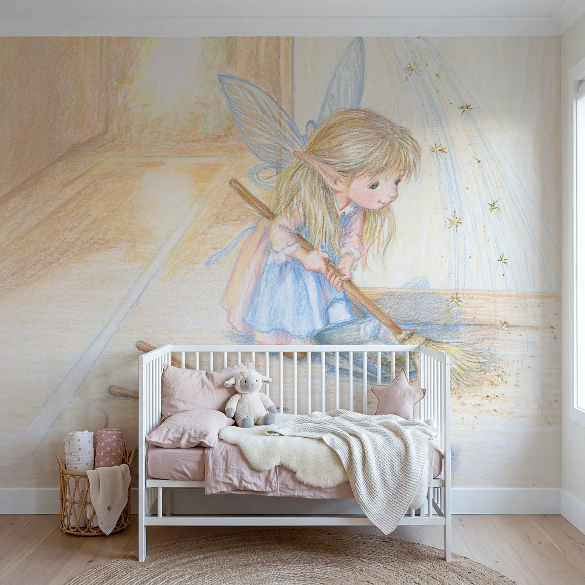 Colored Pencil fairy sweeping up leftover sparkles, mural for a bedroom by Whimsy Tots