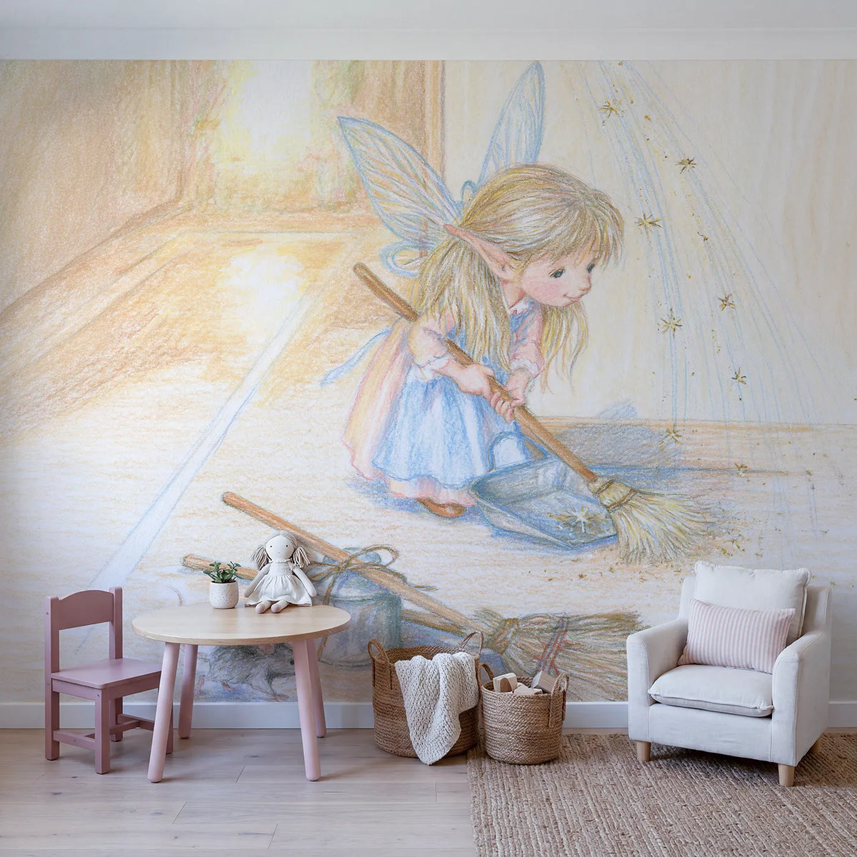 The Sparkle Sweeper Wallpaper Mural in playroom setting by Whimsy Tots