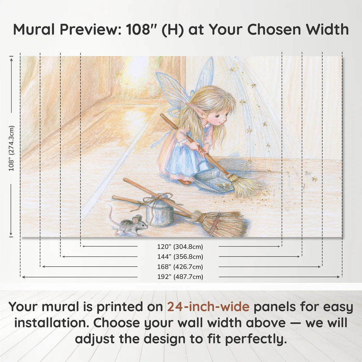 Panel layout and dimensions for The Sparkle Sweeper Wallpaper Mural by Whimsy Tots