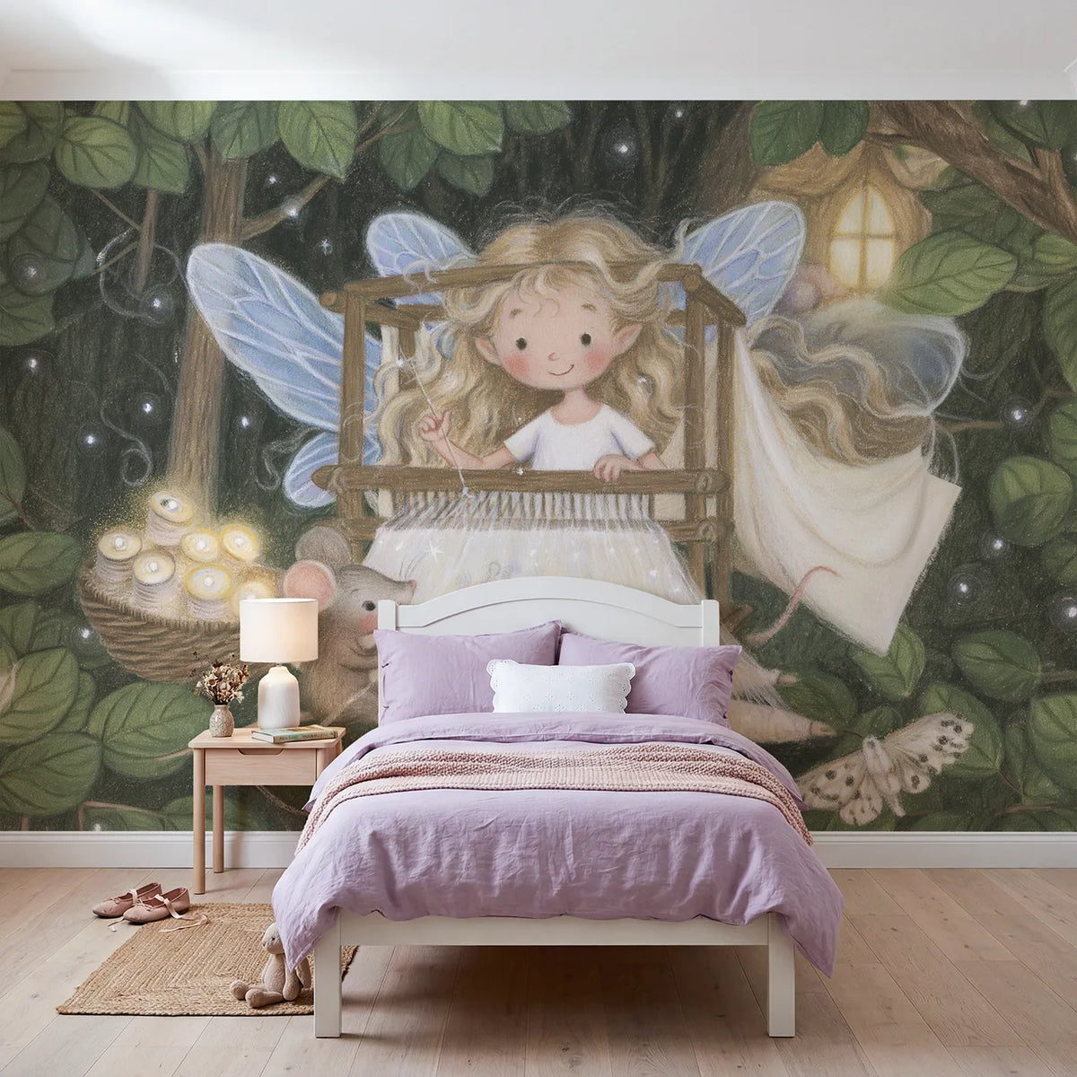Colored Pencil fairy weaving a cloth of dreams at a loom, mural for a toddler room by Whimsy Tots
