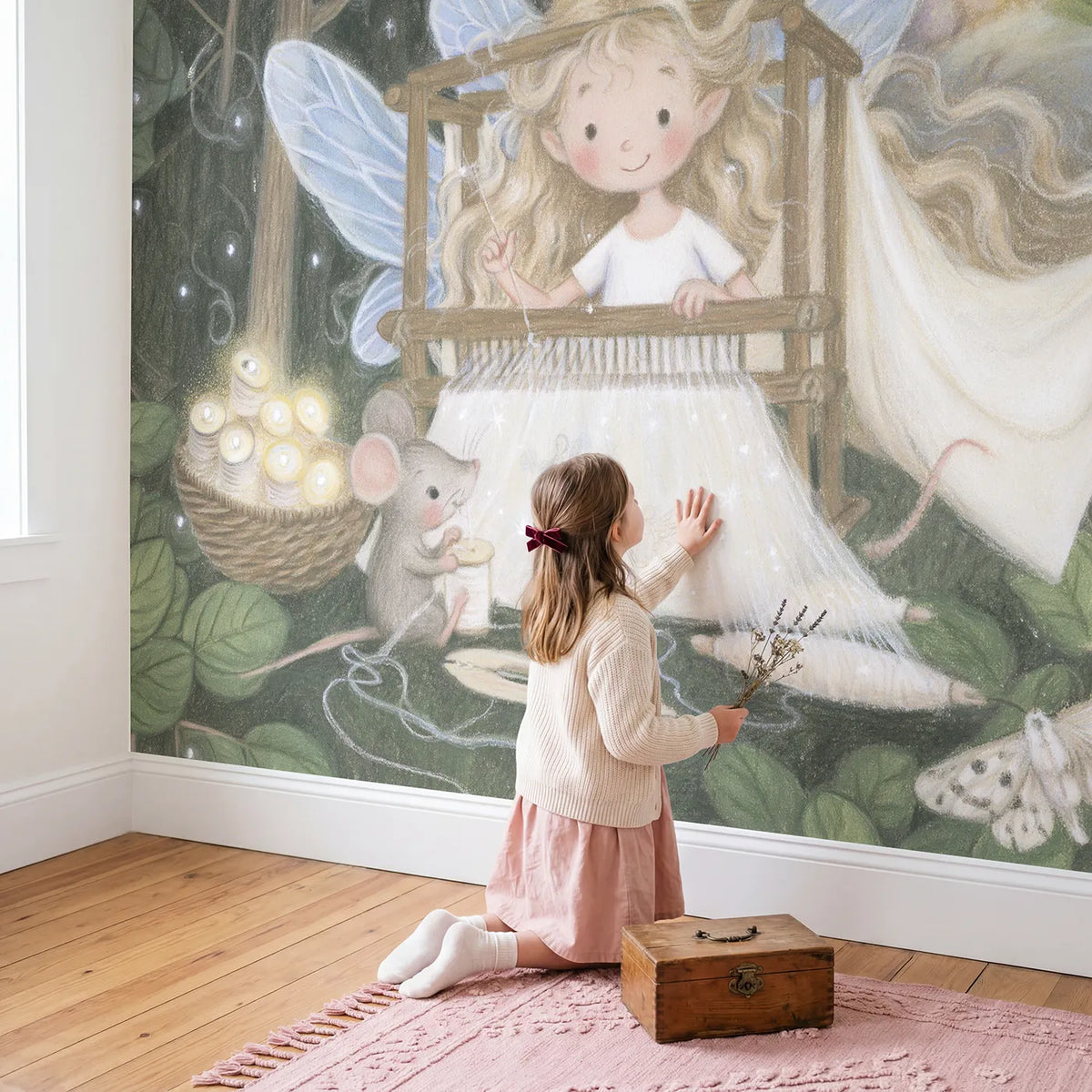 Child in nursery with The Dream Weaver's Loom Wallpaper Mural by Whimsy Tots