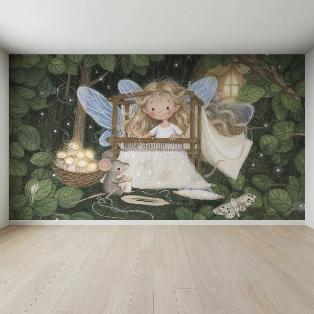 Full view of The Dream Weaver's Loom Wallpaper Mural by Whimsy Tots
