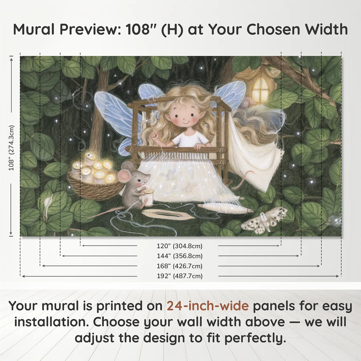 Panel layout and dimensions for The Dream Weaver's Loom Wallpaper Mural by Whimsy Tots
