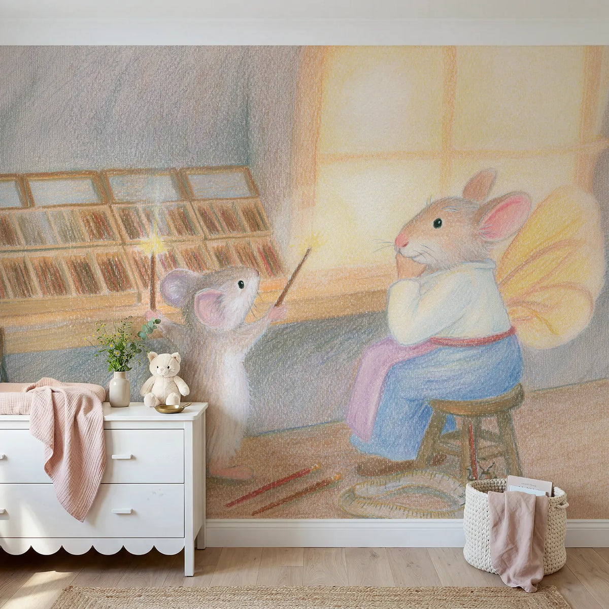 Colored Pencil young mouse choosing a wand in a shop, mural for a bedroom by Whimsy Tots