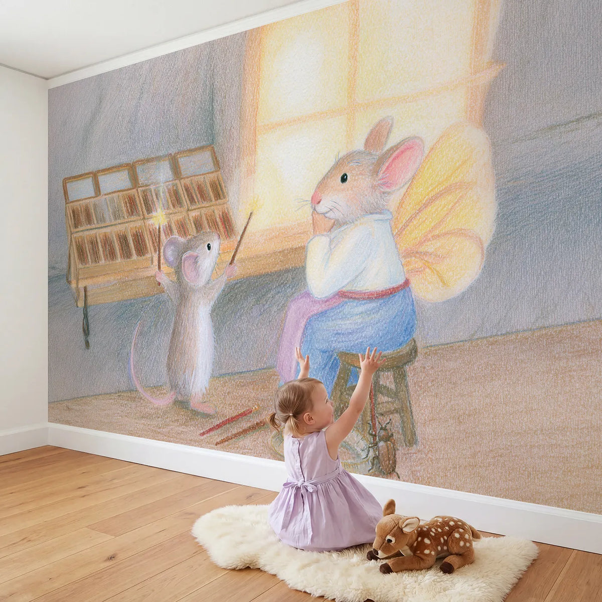 Child in nursery with Choosing the Right Wand Wallpaper Mural by Whimsy Tots