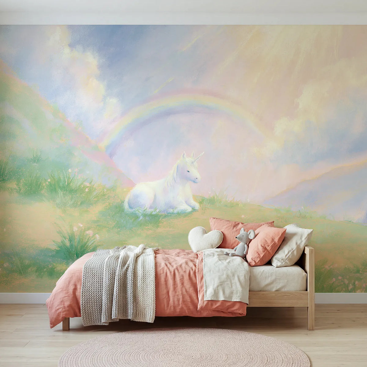 Chalk-pastel wall mural of a gentle resting unicorn by Whimsy Tots