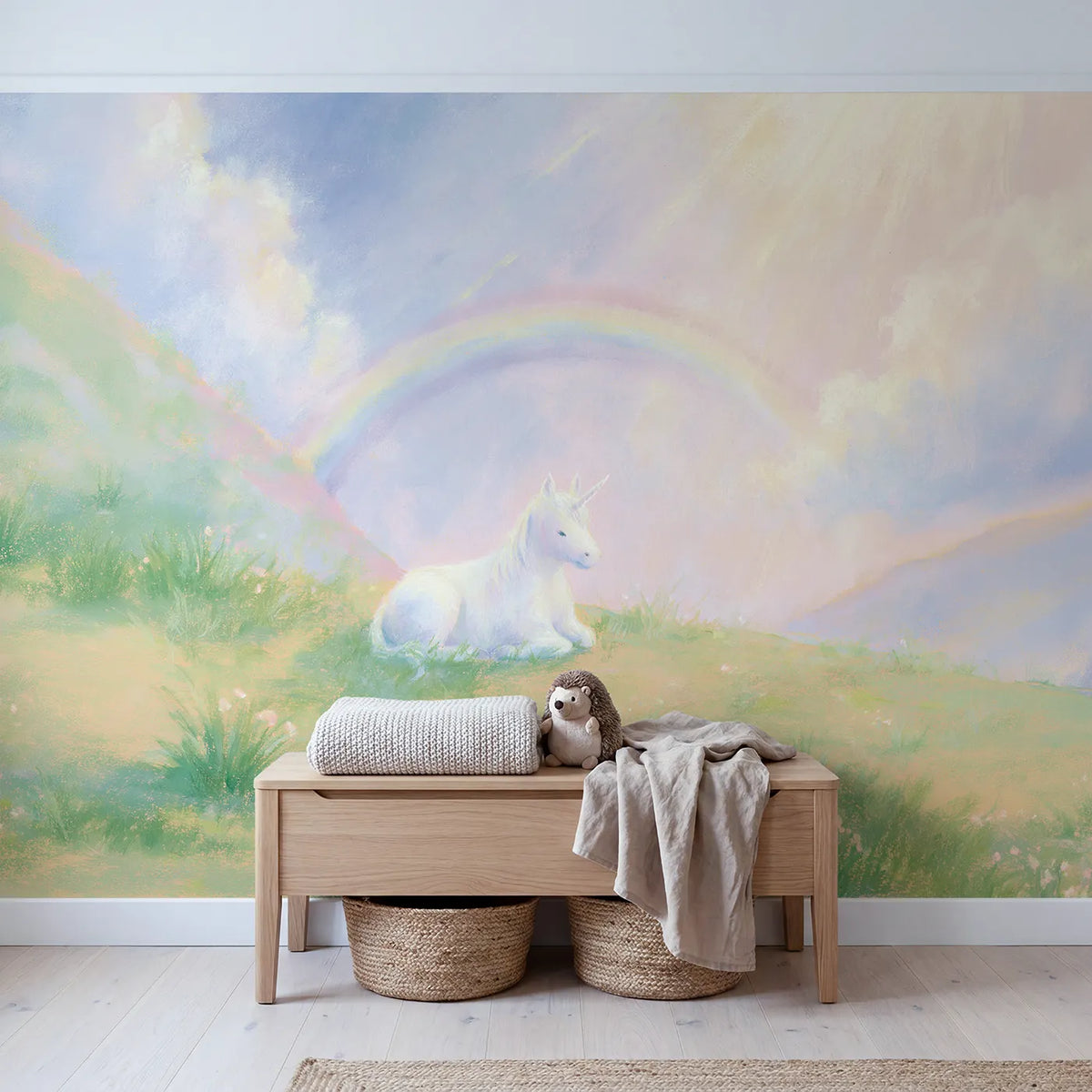 Soft Unicorn Dream Wallpaper Mural in playroom setting by Whimsy Tots