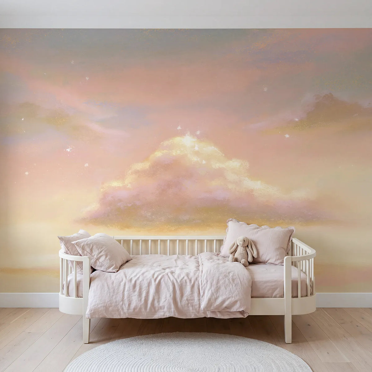 Chalk-pastel wall mural of a sparkled pastel cloud by Whimsy Tots