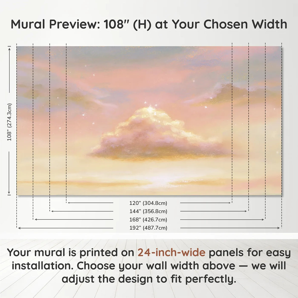 Panel layout and dimensions for Magic Cloud Sparkle Wallpaper Mural by Whimsy Tots