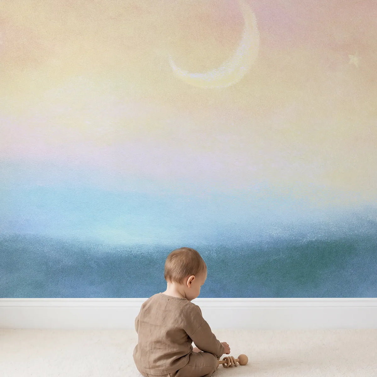 Child in nursery with Soft Crescent Magic Wallpaper Mural by Whimsy Tots