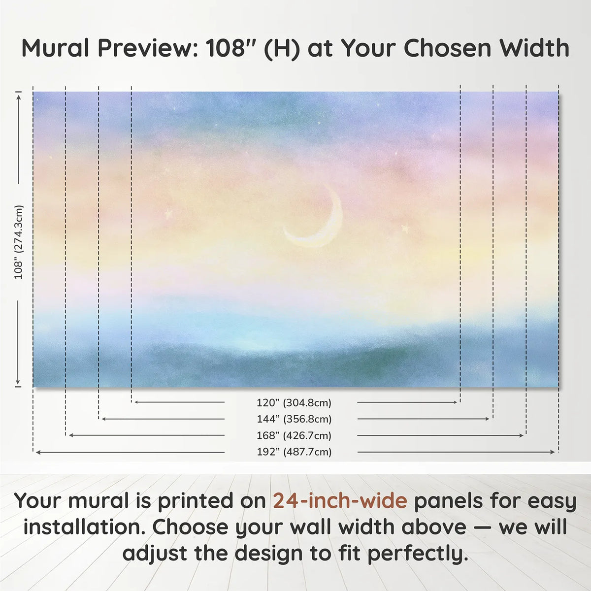 Panel layout and dimensions for Soft Crescent Magic Wallpaper Mural by Whimsy Tots