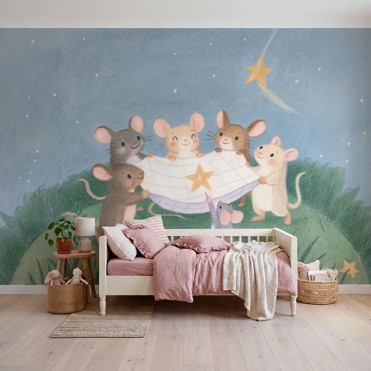 Colored Pencil crew catching a falling star in a blanket, mural for a bedroom by Whimsy Tots