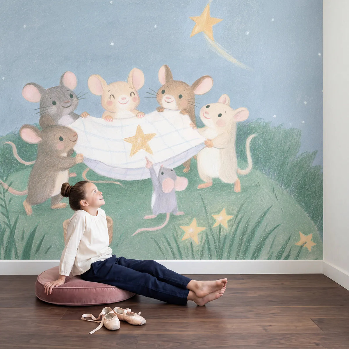 Child in nursery with Catching the Falling Star Wallpaper Mural by Whimsy Tots
