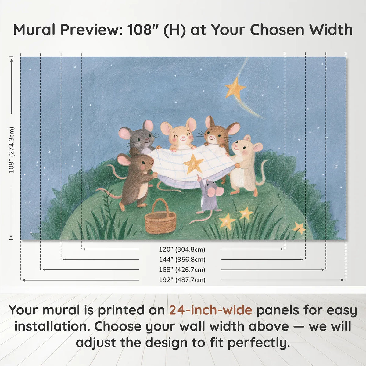 Panel layout and dimensions for Catching the Falling Star Wallpaper Mural by Whimsy Tots