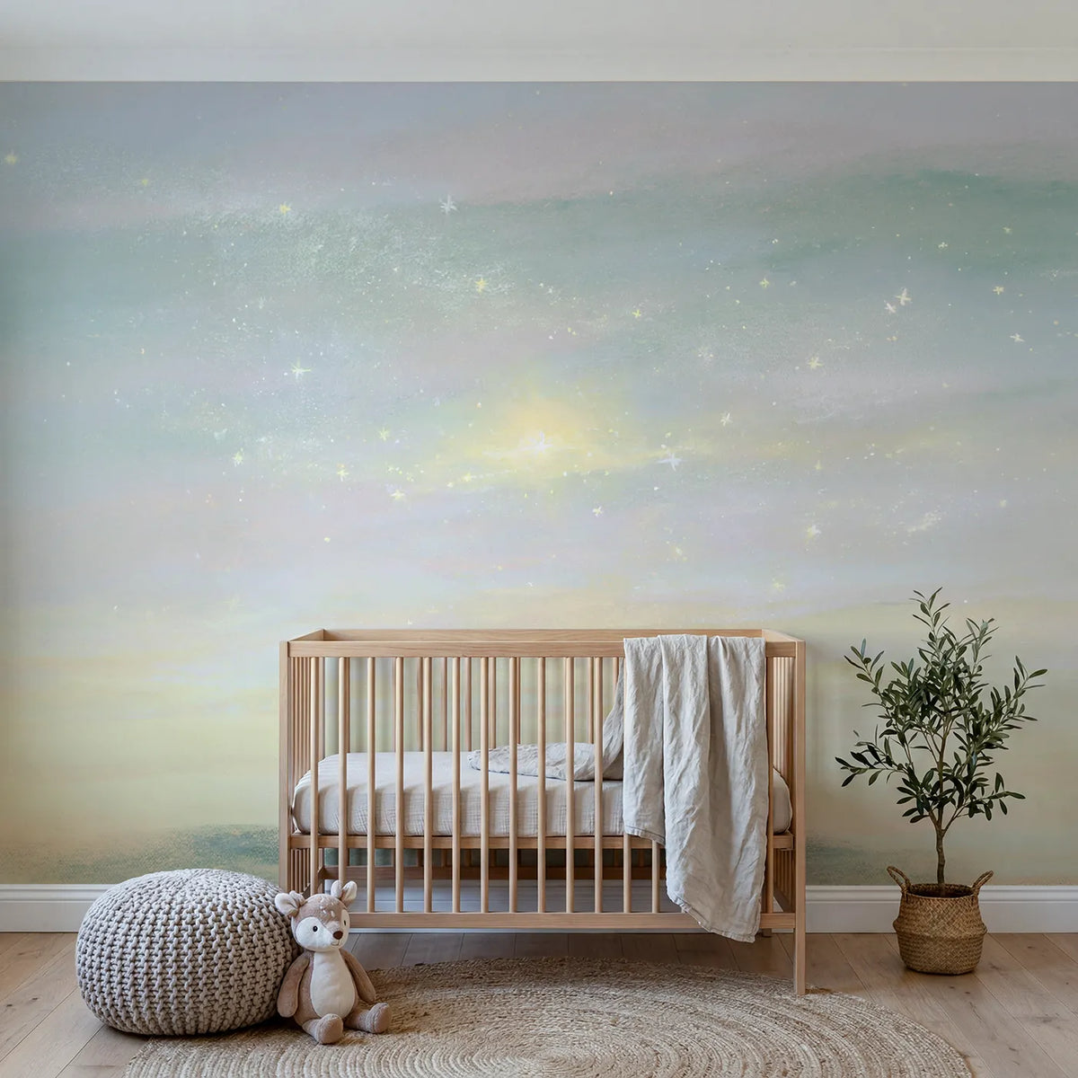 Chalk-pastel wall mural of the softest magic dream sky by Whimsy Tots