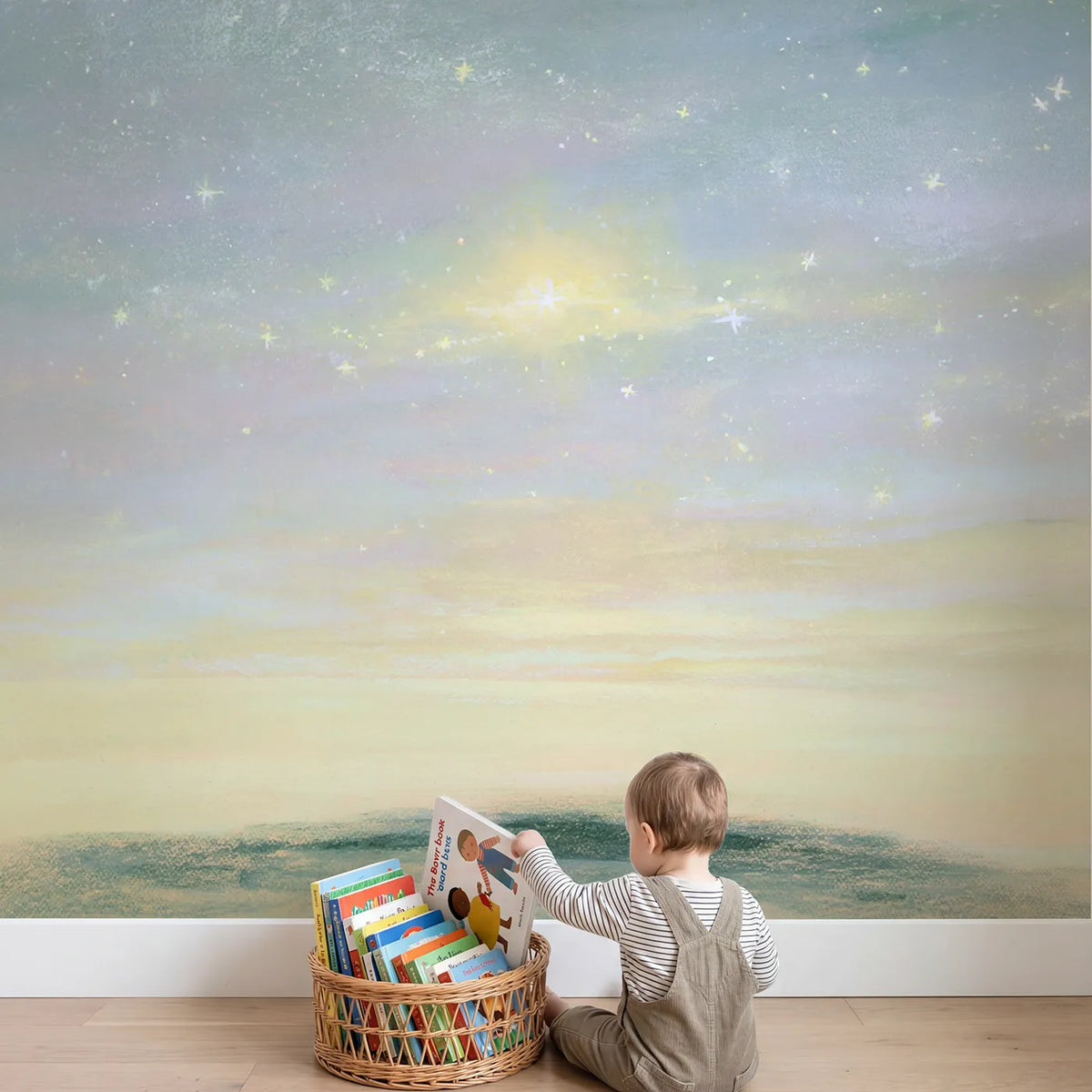 Child in nursery with Soft Magic Dream Wallpaper Mural by Whimsy Tots