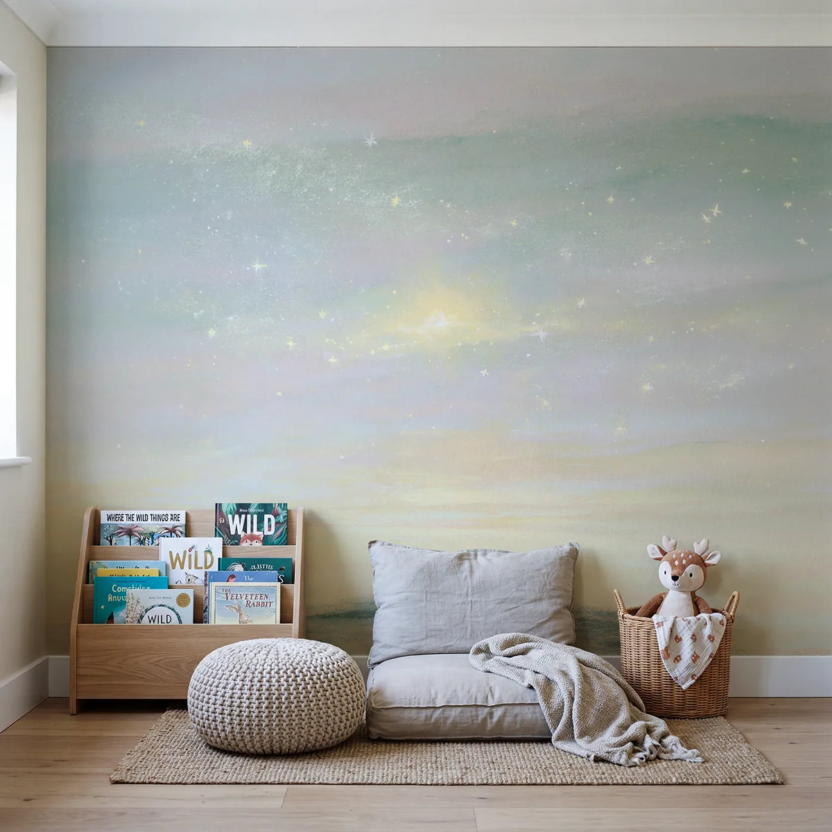 Soft Magic Dream Wallpaper Mural in playroom setting by Whimsy Tots