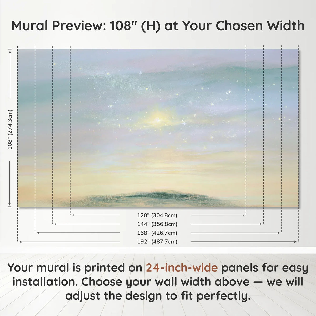 Panel layout and dimensions for Soft Magic Dream Wallpaper Mural by Whimsy Tots
