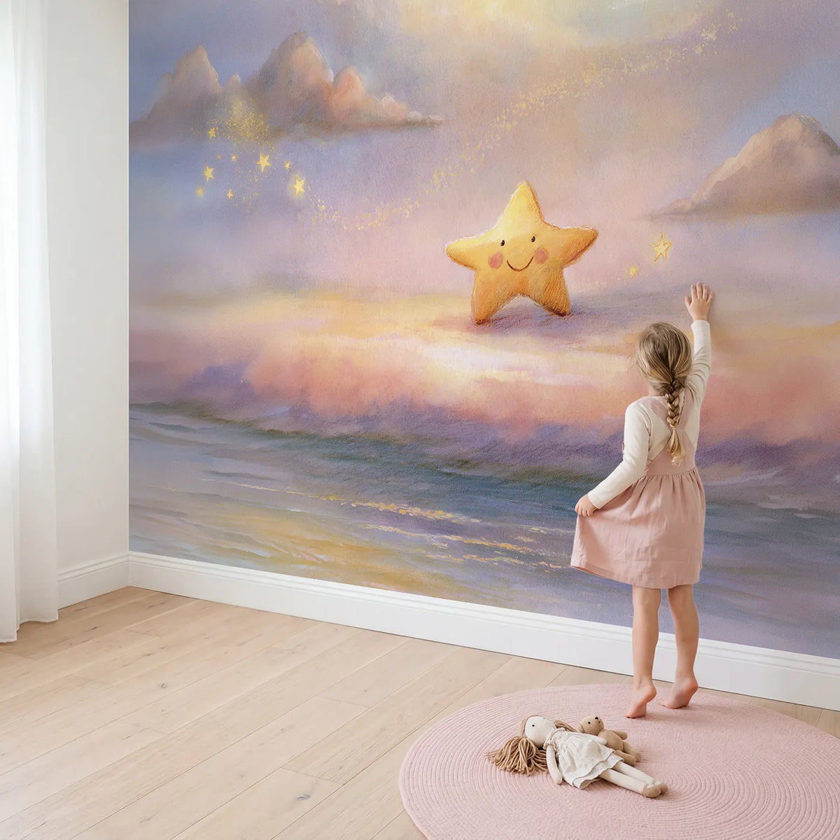 Child in nursery with Little Star Friend Wallpaper Mural by Whimsy Tots