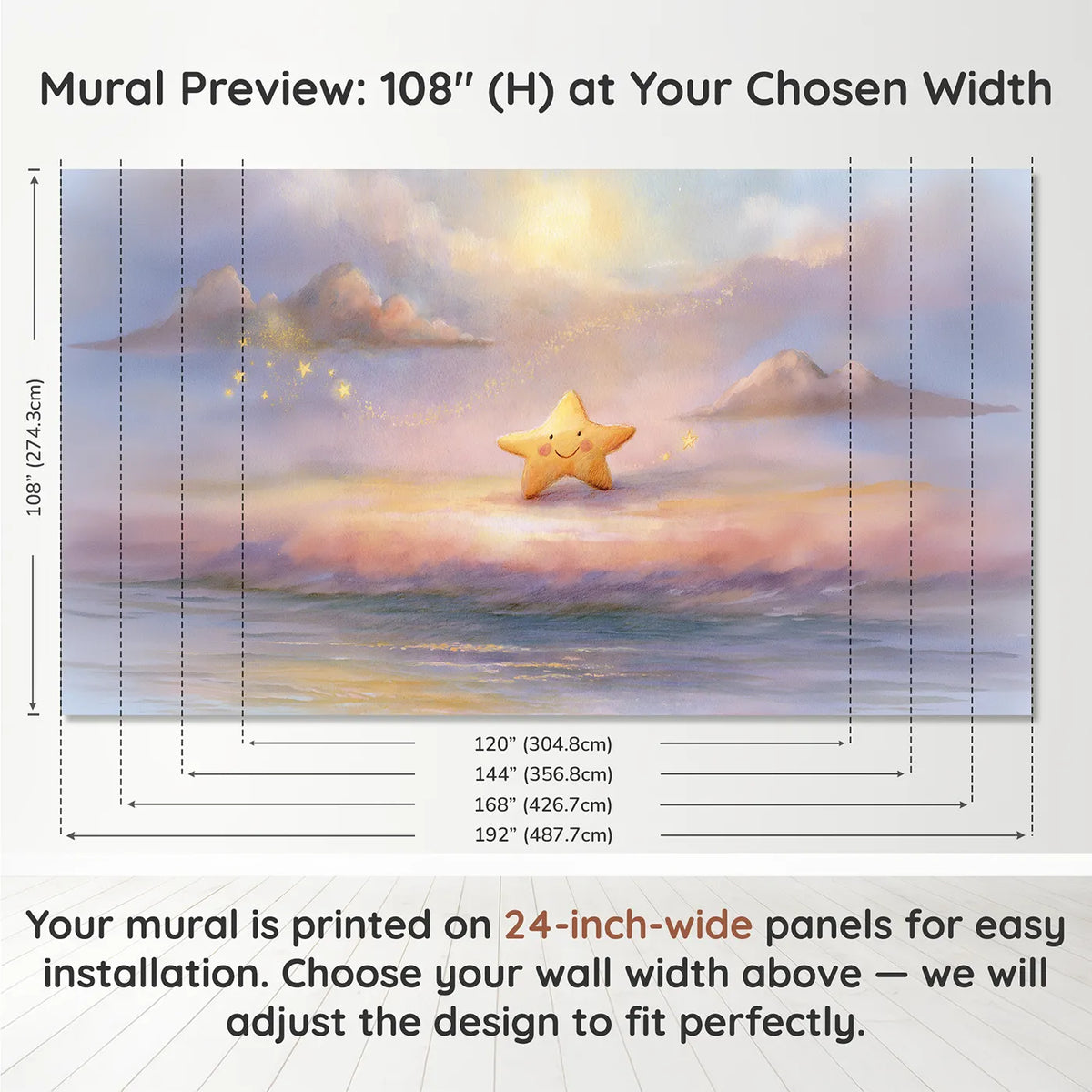 Panel layout and dimensions for Little Star Friend Wallpaper Mural by Whimsy Tots