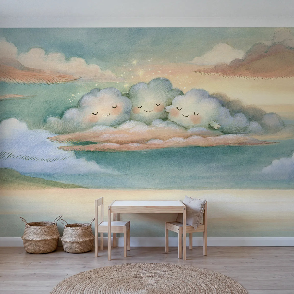 Storybook wall mural of soft cloud friends by Whimsy Tots