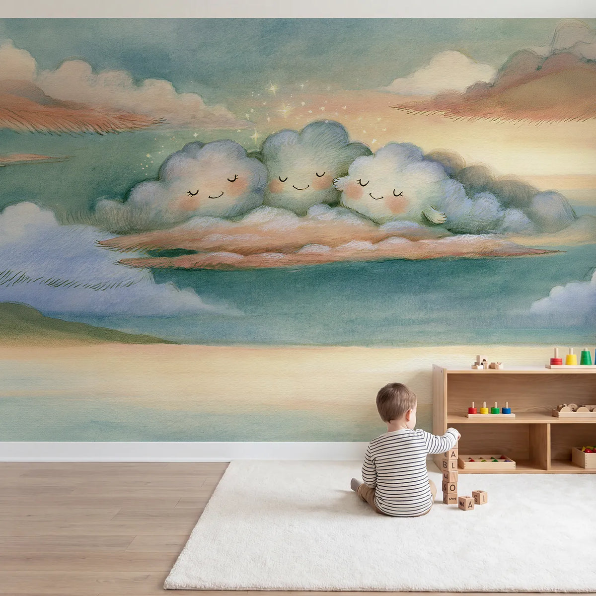 Child in nursery with Dreamy Cloud Friends Wallpaper Mural by Whimsy Tots