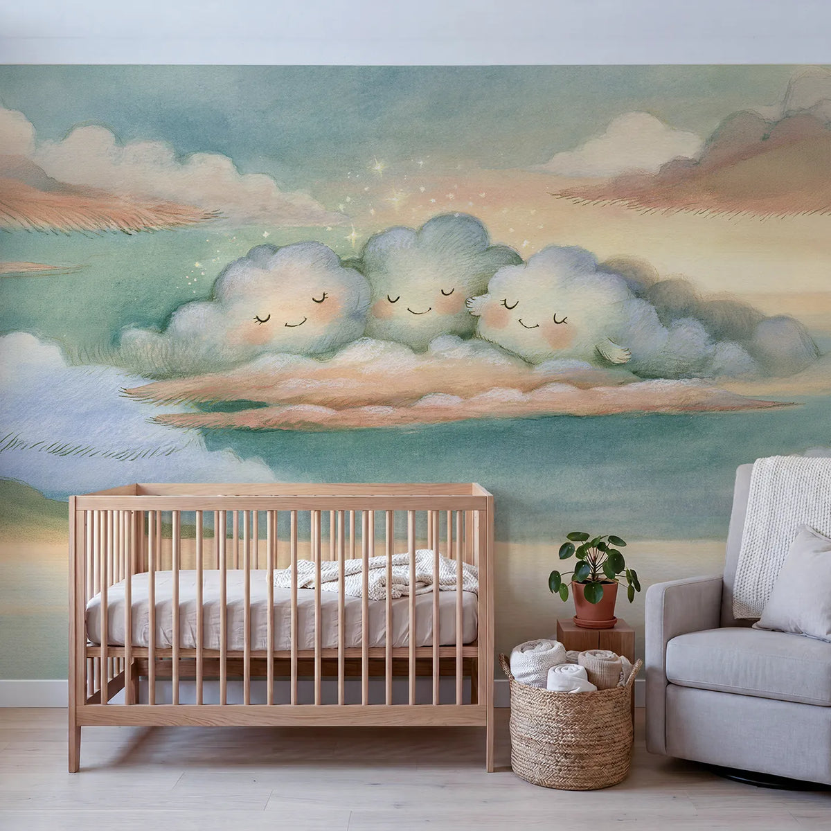 Dreamy Cloud Friends Wallpaper Mural in playroom setting by Whimsy Tots