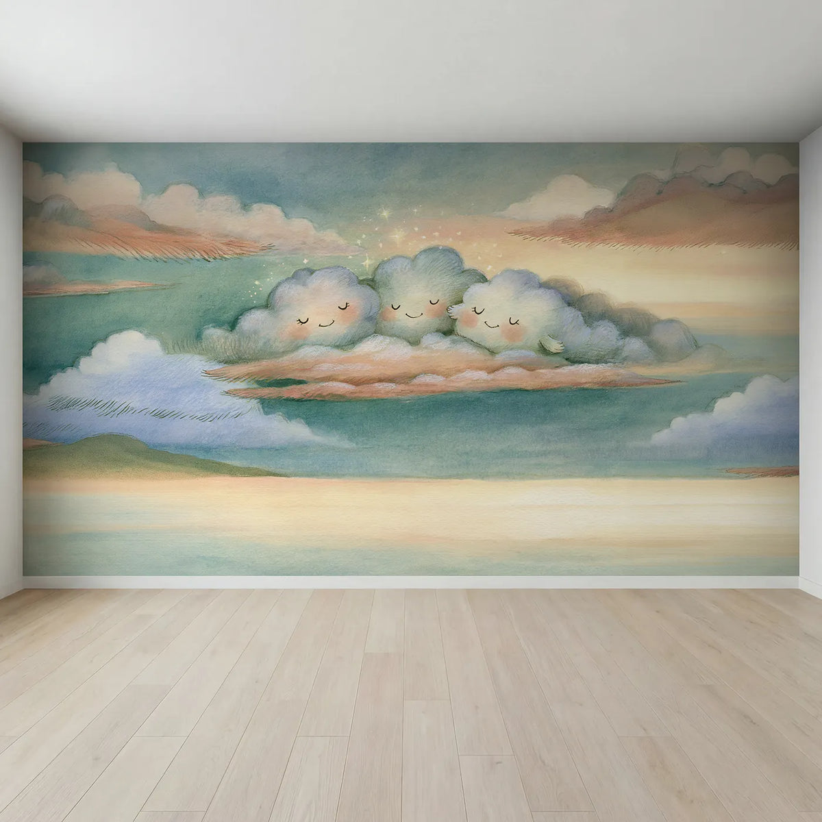 Full view of Dreamy Cloud Friends Wallpaper Mural by Whimsy Tots