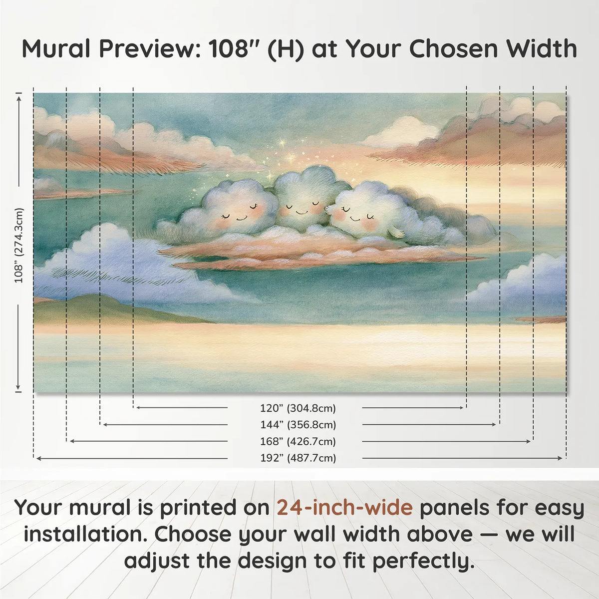 Panel layout and dimensions for Dreamy Cloud Friends Wallpaper Mural by Whimsy Tots
