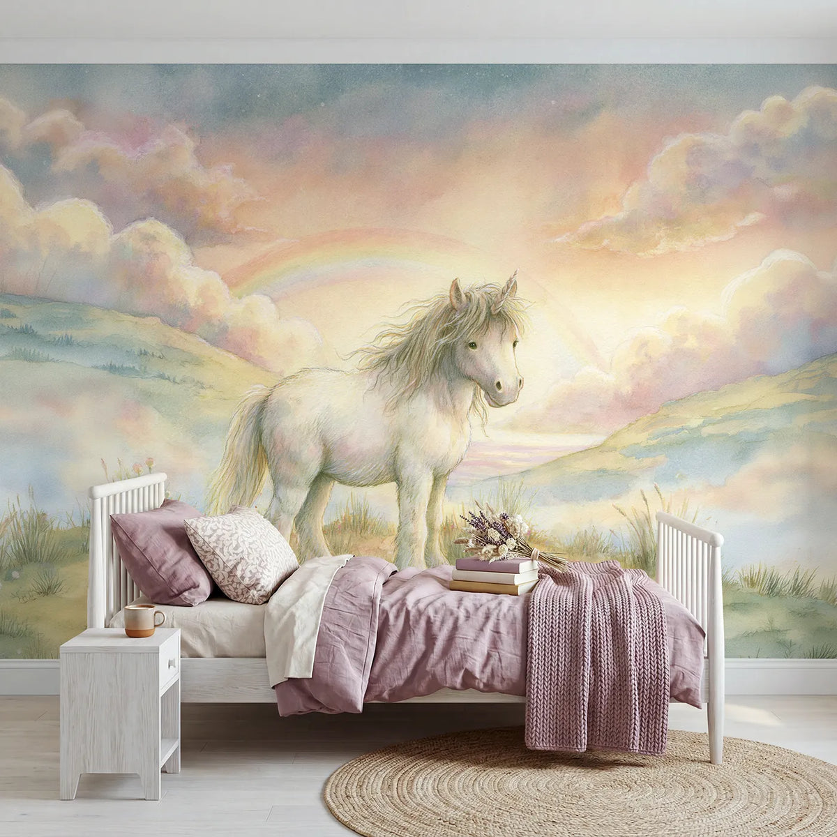 Storybook wall mural of a gentle unicorn friend by Whimsy Tots
