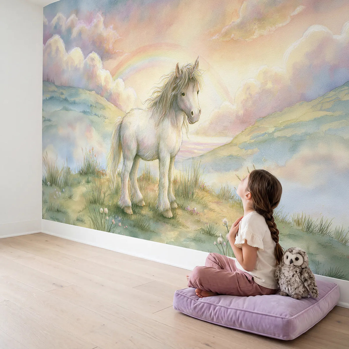 Child in nursery with Gentle Unicorn Friend Wallpaper Mural by Whimsy Tots