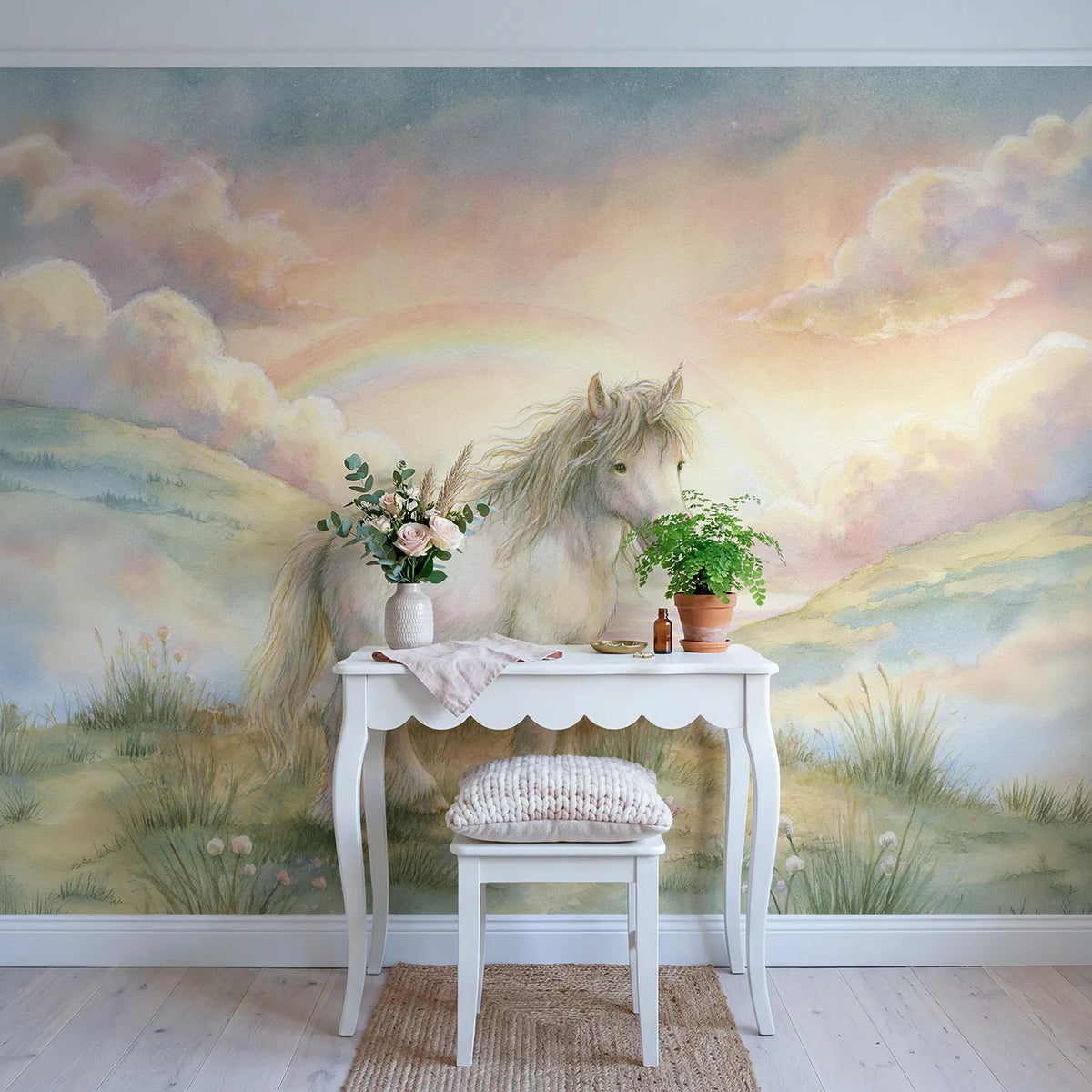 Gentle Unicorn Friend Wallpaper Mural in playroom setting by Whimsy Tots