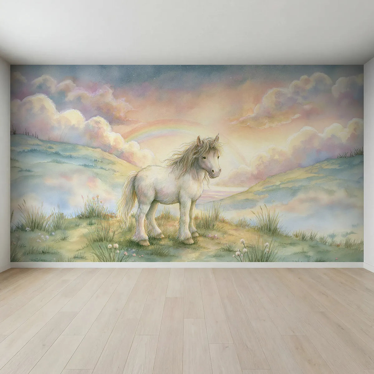 Full view of Gentle Unicorn Friend Wallpaper Mural by Whimsy Tots