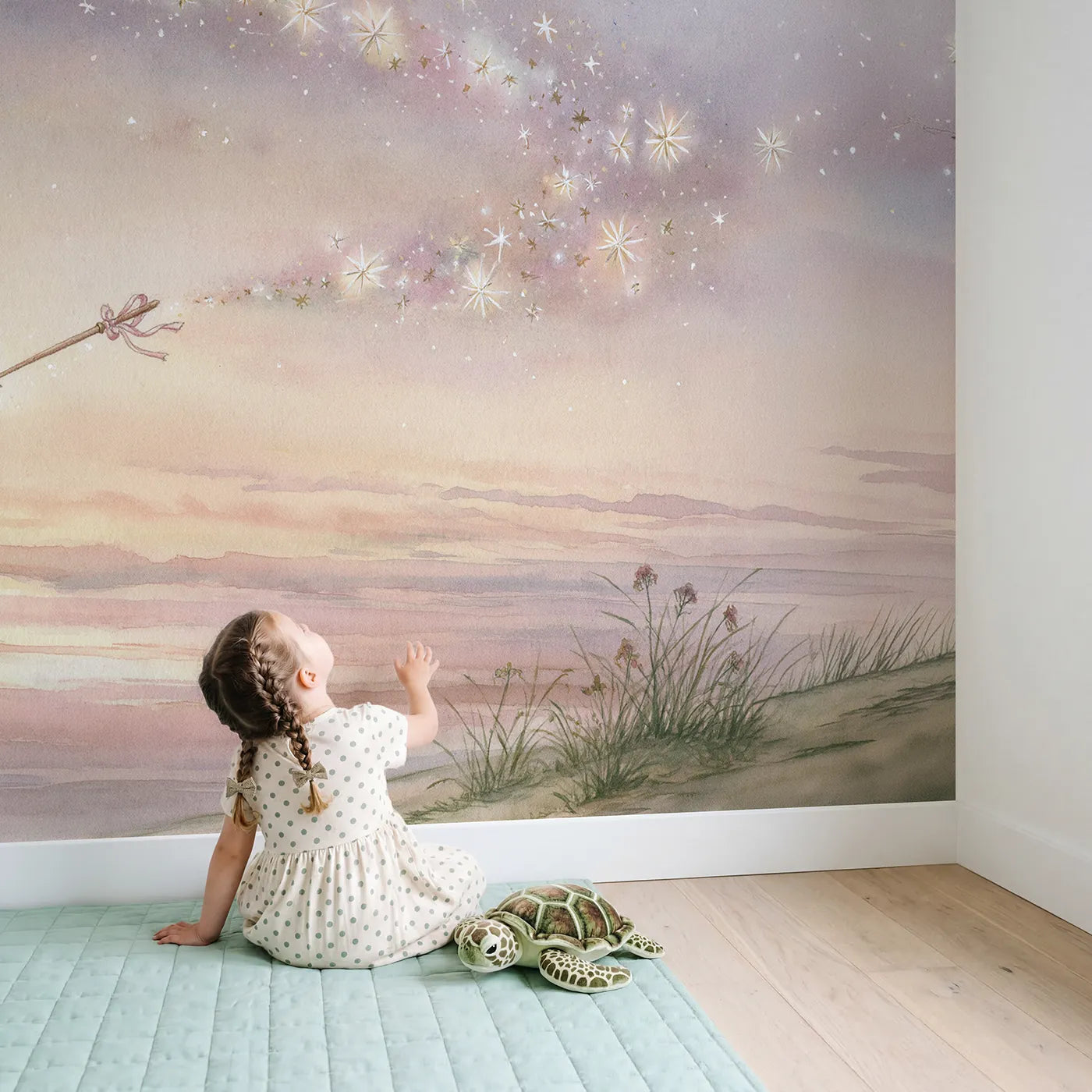 Child in nursery with Magic Wand Sparkle Wallpaper Mural by Whimsy Tots