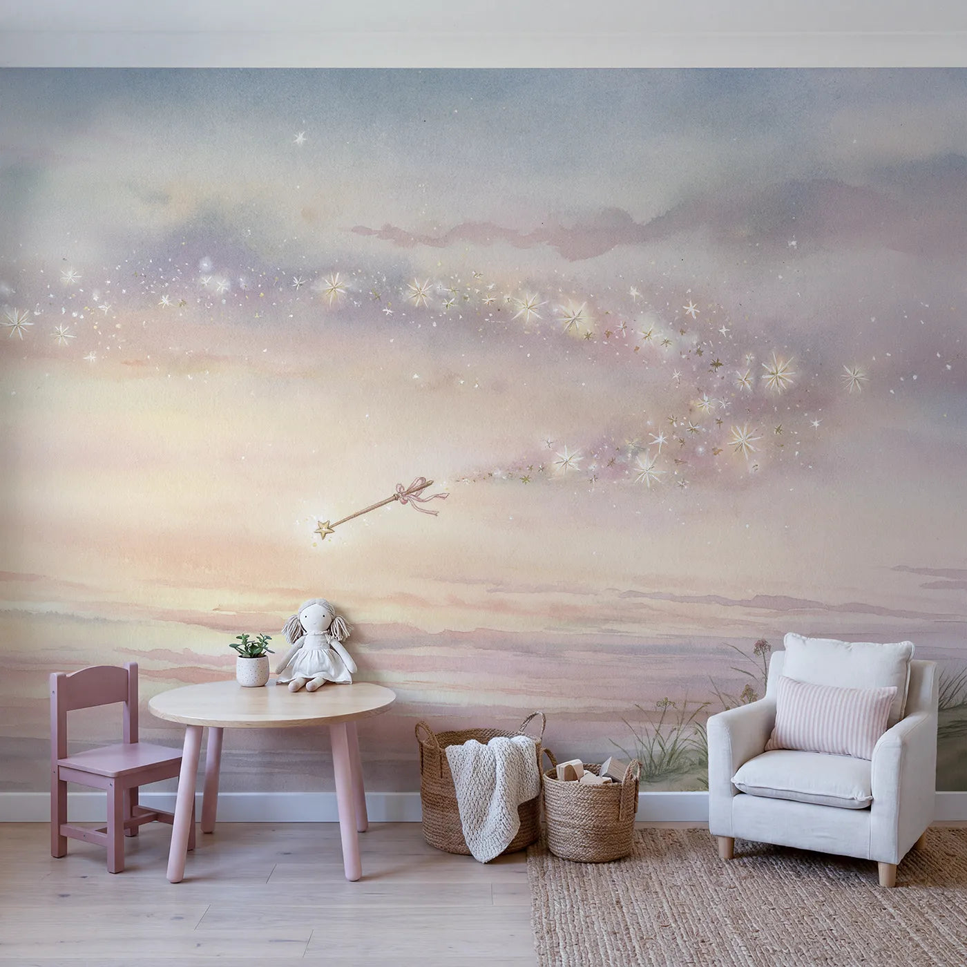 Magic Wand Sparkle Wallpaper Mural in playroom setting by Whimsy Tots