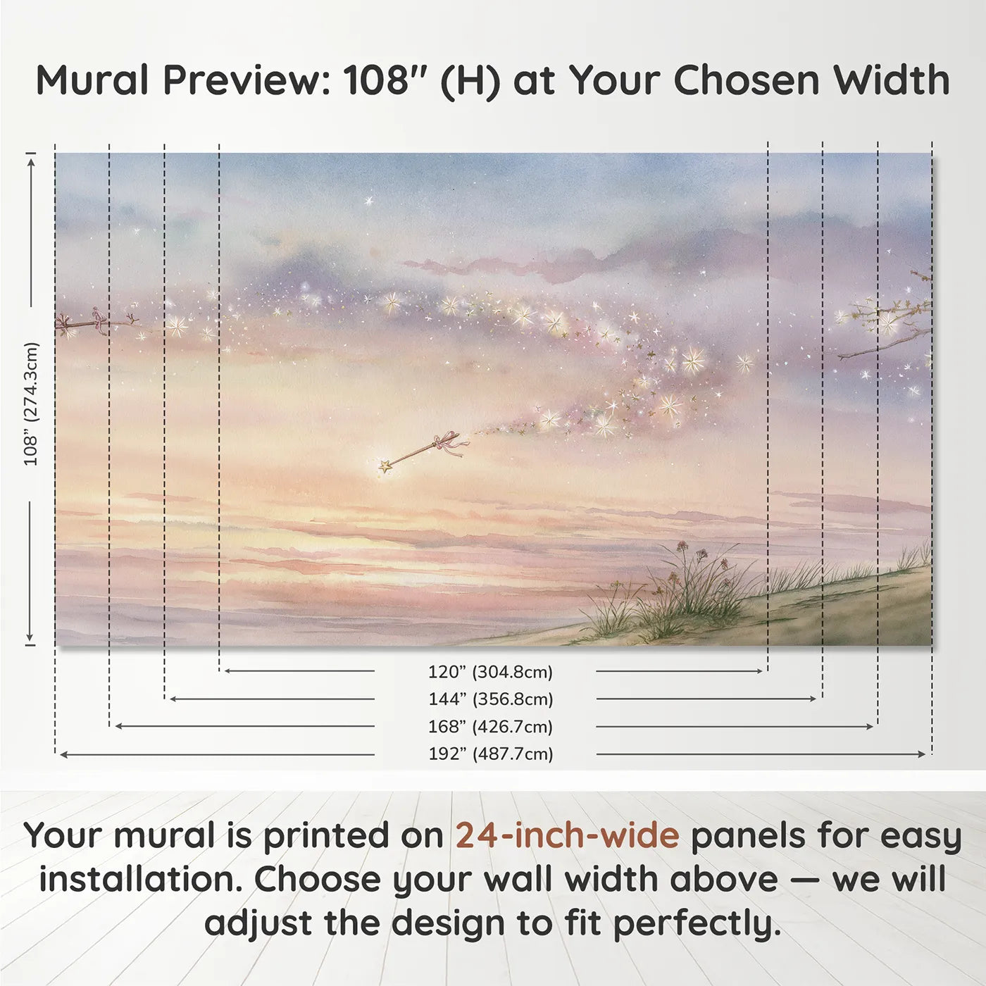 Panel layout and dimensions for Magic Wand Sparkle Wallpaper Mural by Whimsy Tots