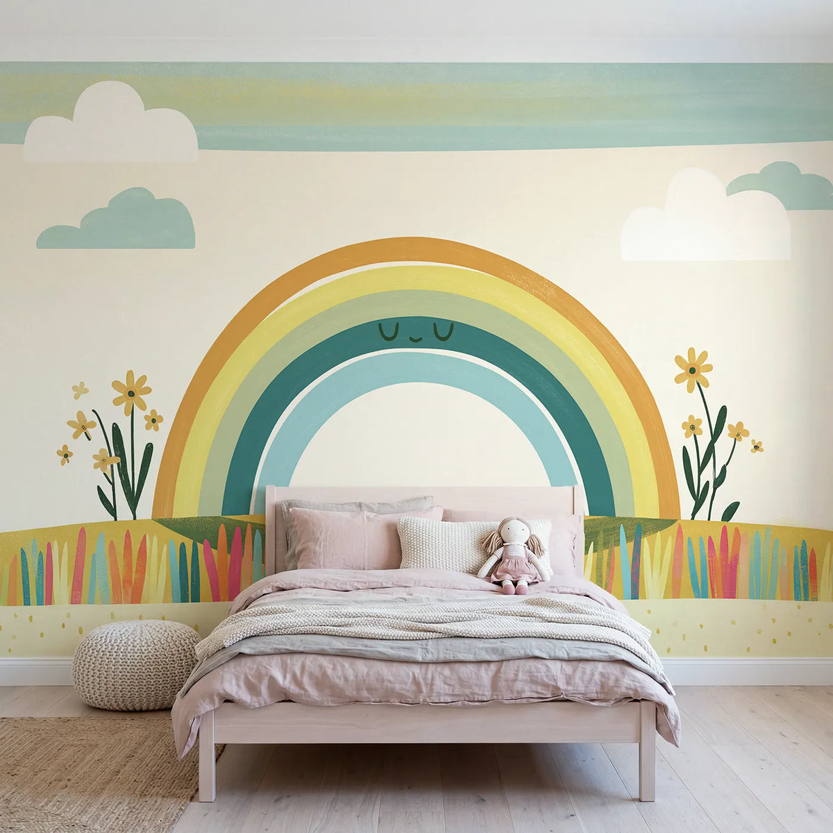Gouache wall mural of a bold folk rainbow by Whimsy Tots