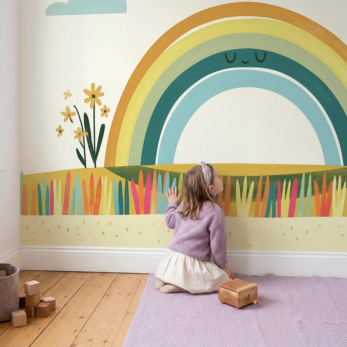 Child in nursery with Folk Rainbow Shapes Wallpaper Mural by Whimsy Tots