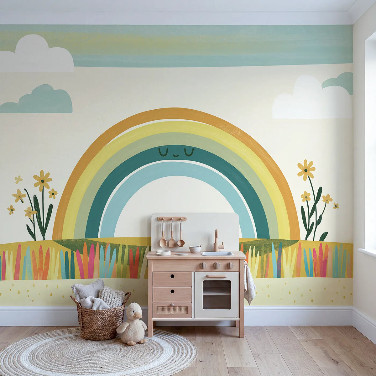 Folk Rainbow Shapes Wallpaper Mural in playroom setting by Whimsy Tots