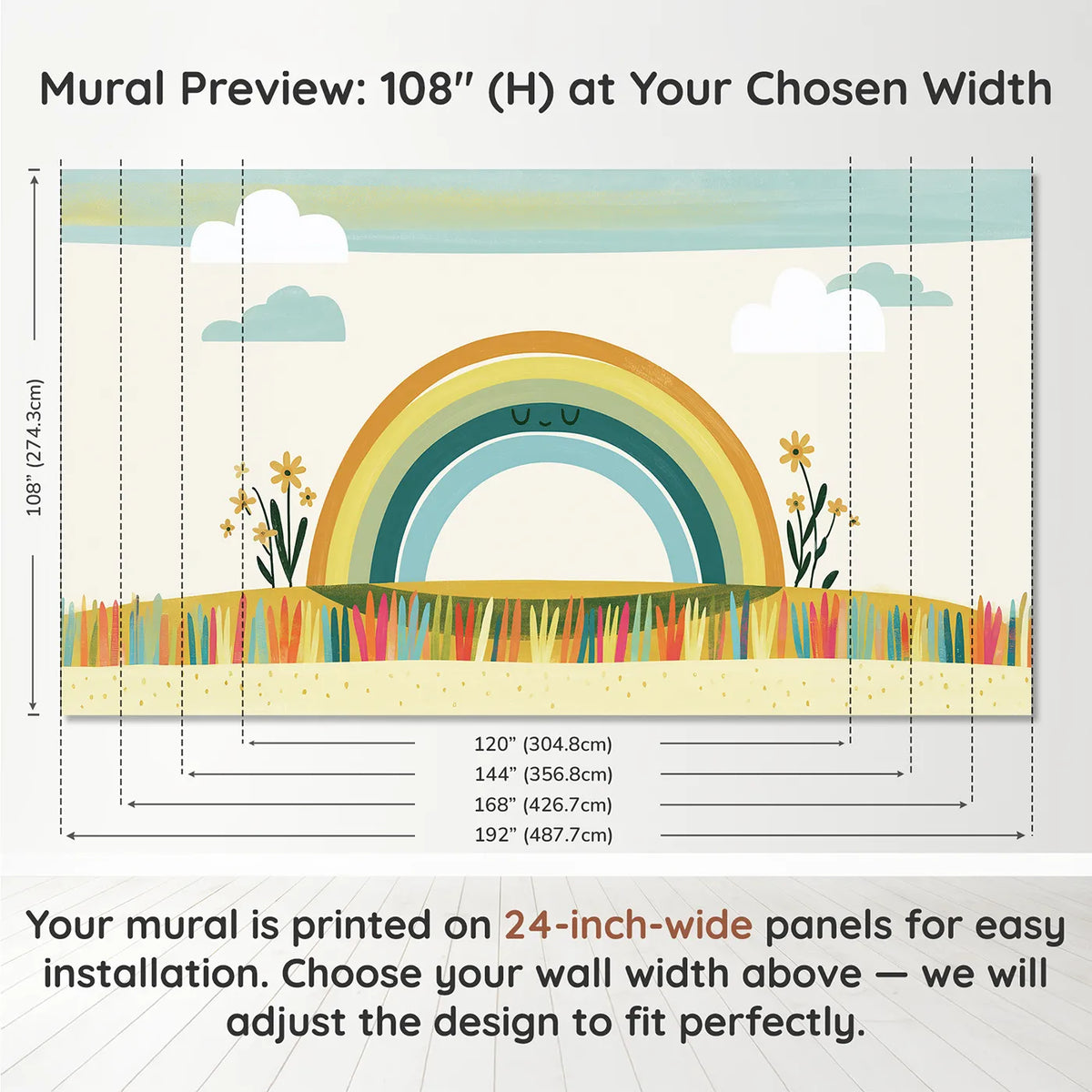 Panel layout and dimensions for Folk Rainbow Shapes Wallpaper Mural by Whimsy Tots